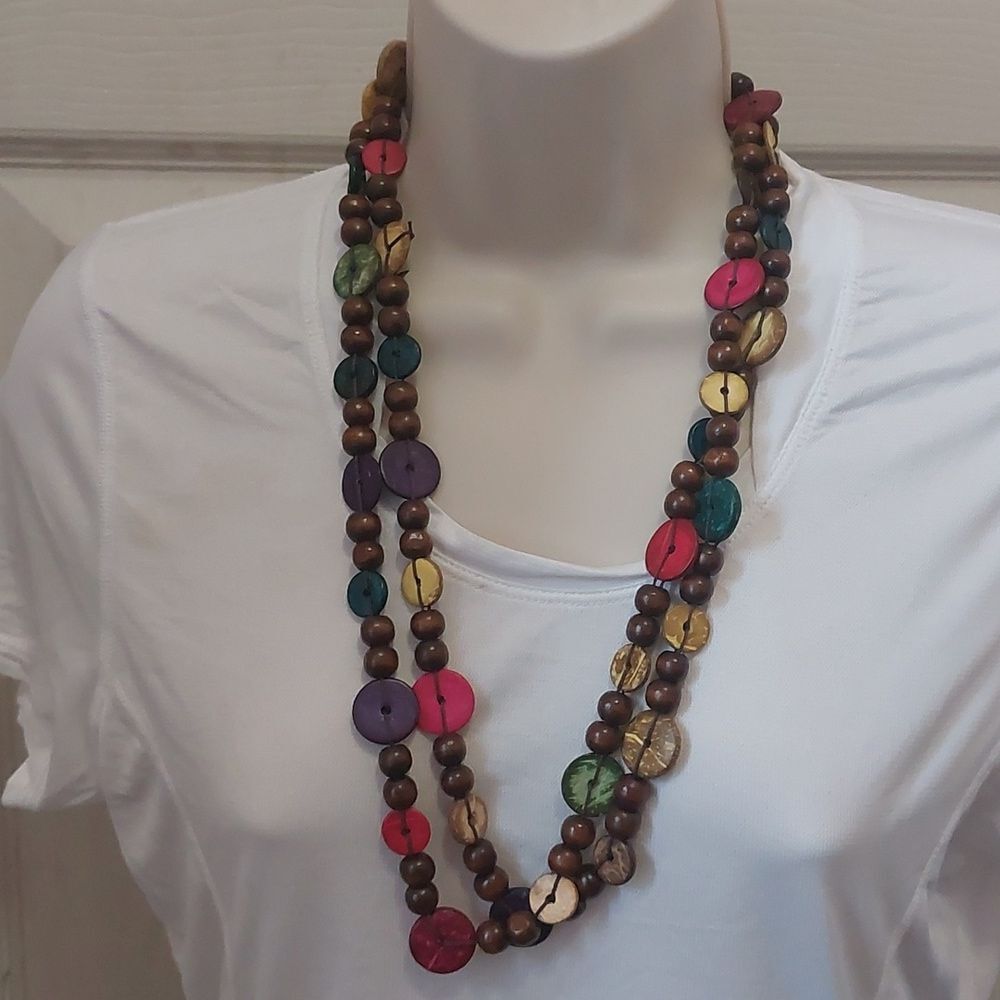 Exotic Tribal Multicolor Wood Bead Extra Long Necklace